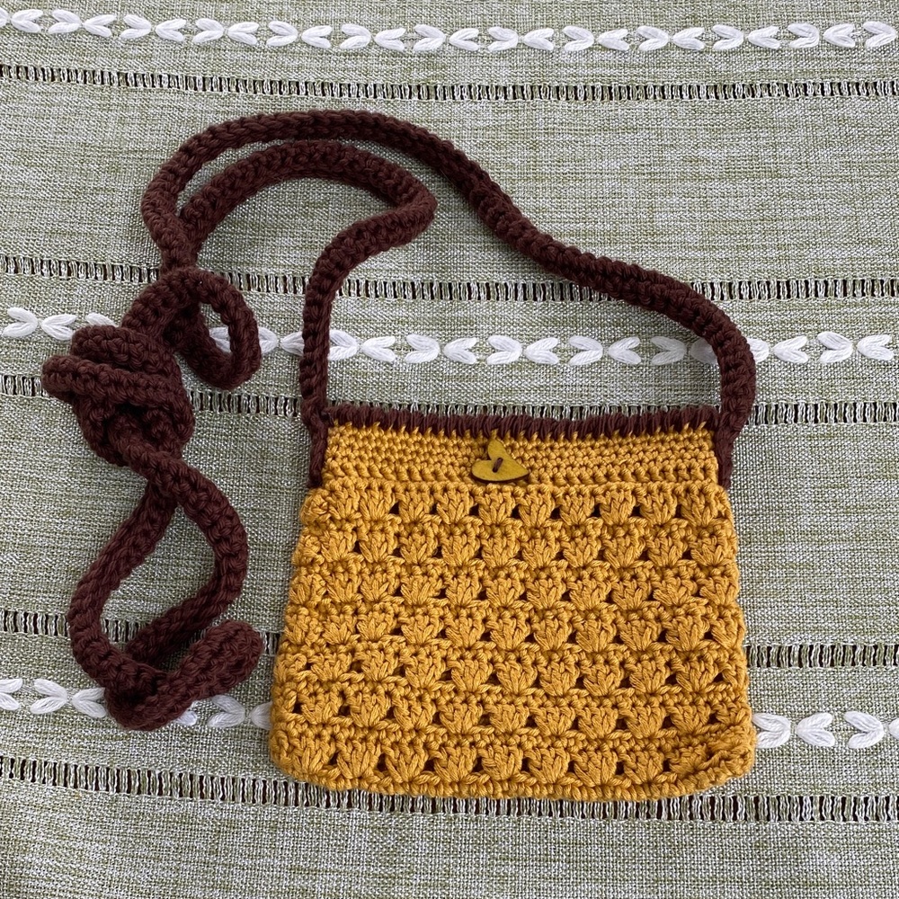 Handmade Crochet Mustard Yellow Crossbody Bag with Brown Strap